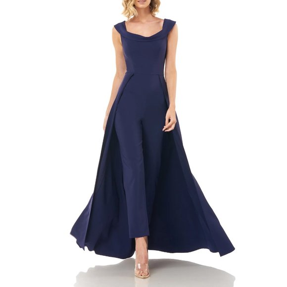 Kay Unger Navy Alara Walk Thru Jumpsuit Gown Navy - Picture 1 of 4